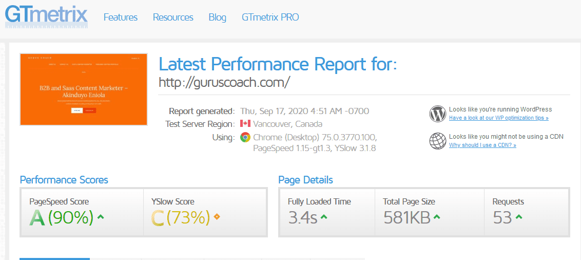 gtmetrix page speed test report for guruscoac
